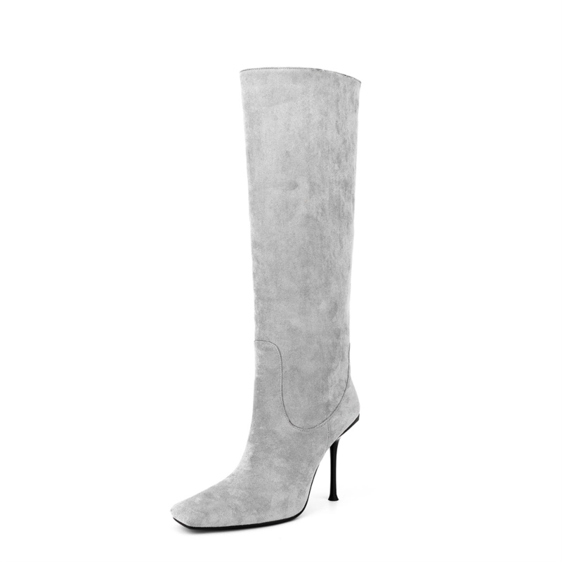 Women's Suede Square Toe Knee High Heel Boots 18 Women's Suede Square Toe Knee High Heel Boots - Image 16