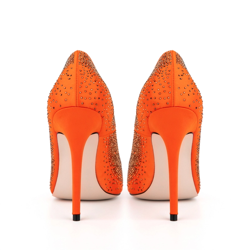 Women's Orange Satin Beads Pointed Toe Stiletto Heel Pumps 7 Women's Orange Satin Beads Pointed Toe Stiletto Heel Pumps - Image 5