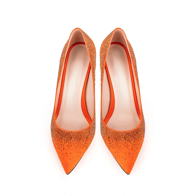 Women's Orange Satin Beads Pointed Toe Stiletto Heel Pumps 8 Women's Orange Satin Beads Pointed Toe Stiletto Heel Pumps - Image 6