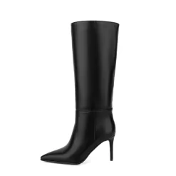 Women's Black Vegan Leather Pointed Toe Stiletto Knee High Booties -Ladies Fashion Shoes hs1207 353.jpg.mst
