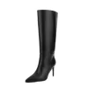 Women's Black Vegan Leather Pointed Toe Stiletto Knee High Booties