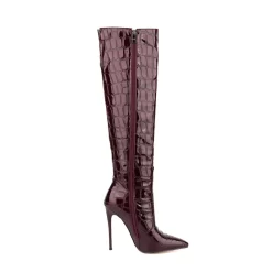 Women's Maroon Stone Printed Stilettos Pointed Toe Knee High Boots -Ladies Fashion Shoes hs1207 364.jpg.mst