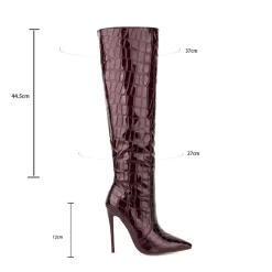 Women's Maroon Stone Printed Stilettos Pointed Toe Knee High Boots -Ladies Fashion Shoes hs1207 369.jpg.mst