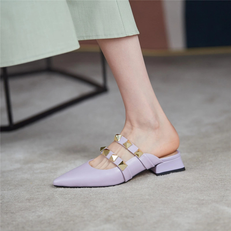 Trend Colors Leather Rivets Pointed Toe Mary Jane Flats Mules 5 Trend Colors Leather Rivets Pointed Toe Mary Jane Flats Mules - Image 3