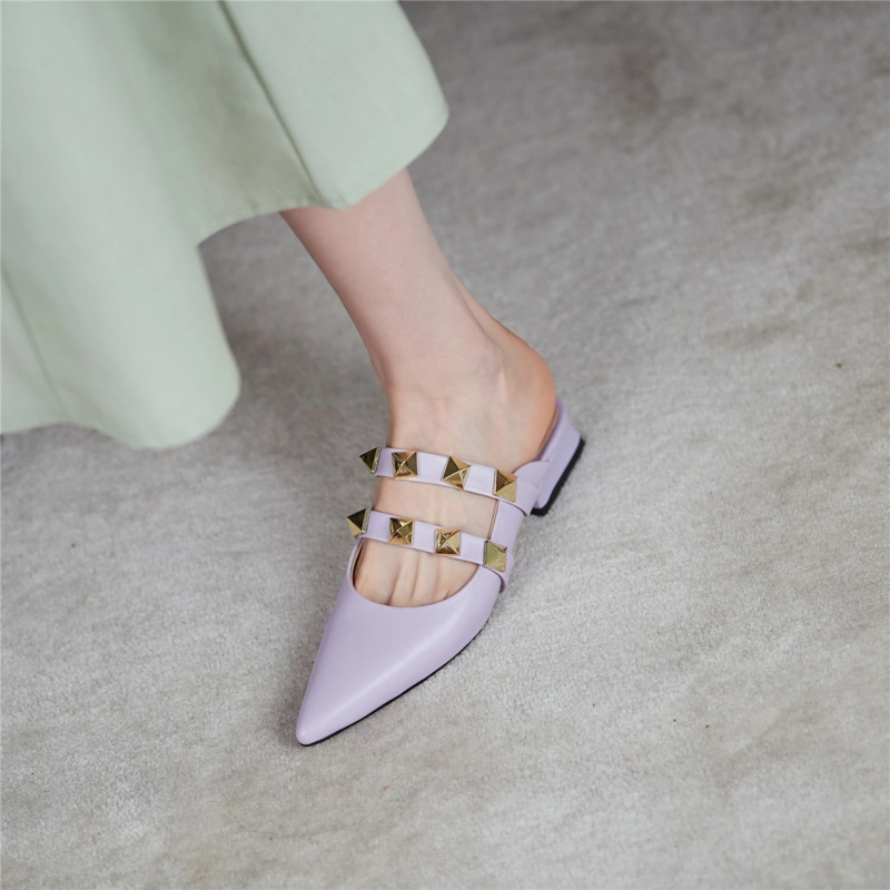 Trend Colors Leather Rivets Pointed Toe Mary Jane Flats Mules 9 Trend Colors Leather Rivets Pointed Toe Mary Jane Flats Mules - Image 7