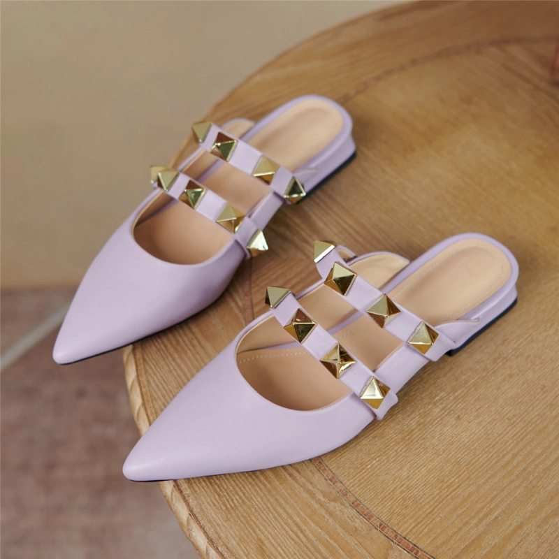 Trend Colors Leather Rivets Pointed Toe Mary Jane Flats Mules 4 Trend Colors Leather Rivets Pointed Toe Mary Jane Flats Mules - Image 2