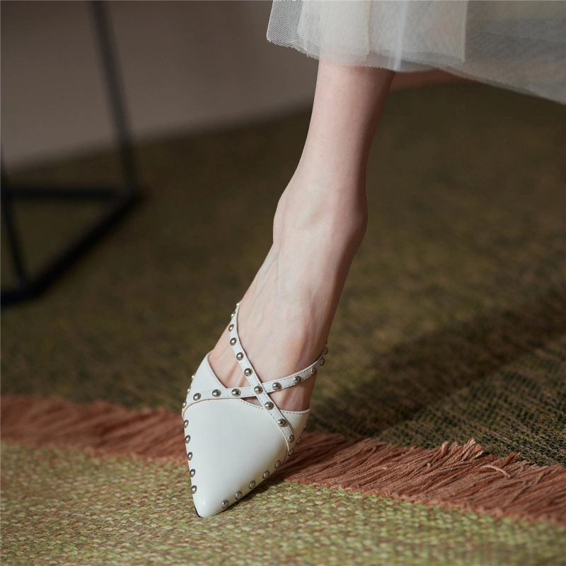 Fashion Rivets Slip On Mules Cross Strap Pointy Toe Mules With Block Heel 8 Fashion Rivets Slip On Mules Cross Strap Pointy Toe Mules With Block Heel - Image 6