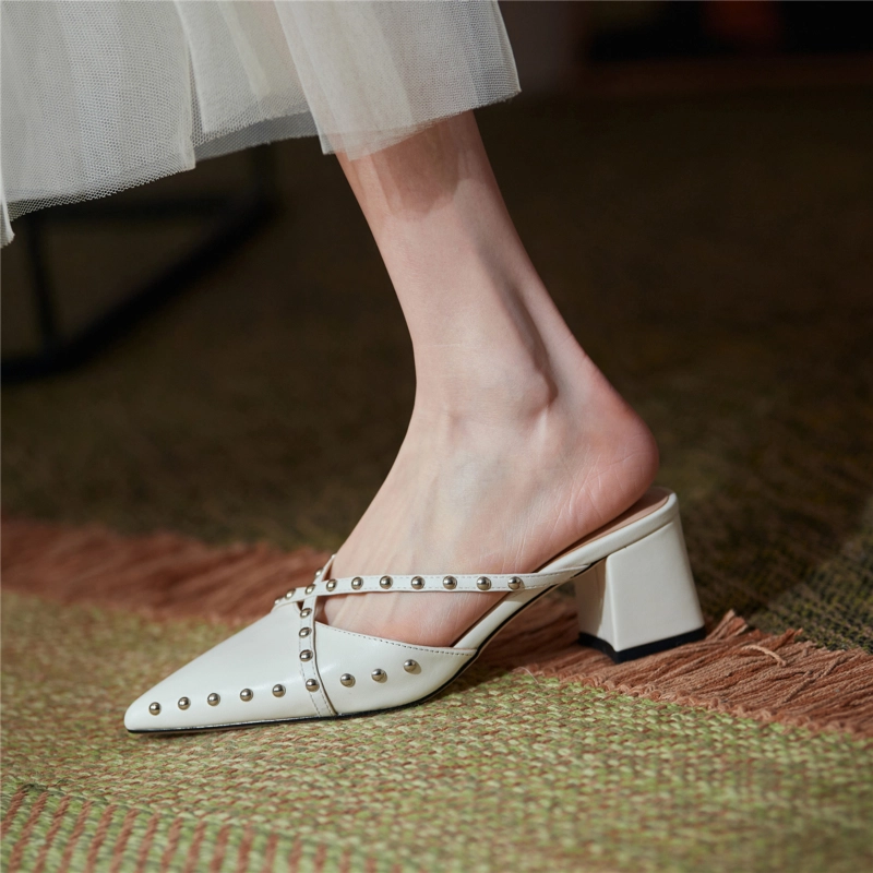 Fashion Rivets Slip On Mules Cross Strap Pointy Toe Mules With Block Heel 4 Fashion Rivets Slip On Mules Cross Strap Pointy Toe Mules With Block Heel - Image 2
