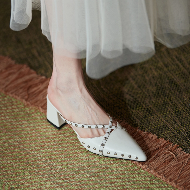 Fashion Rivets Slip On Mules Cross Strap Pointy Toe Mules With Block Heel 11 Fashion Rivets Slip On Mules Cross Strap Pointy Toe Mules With Block Heel - Image 9