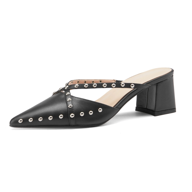 Fashion Rivets Slip On Mules Cross Strap Pointy Toe Mules With Block Heel 12 Fashion Rivets Slip On Mules Cross Strap Pointy Toe Mules With Block Heel - Image 10