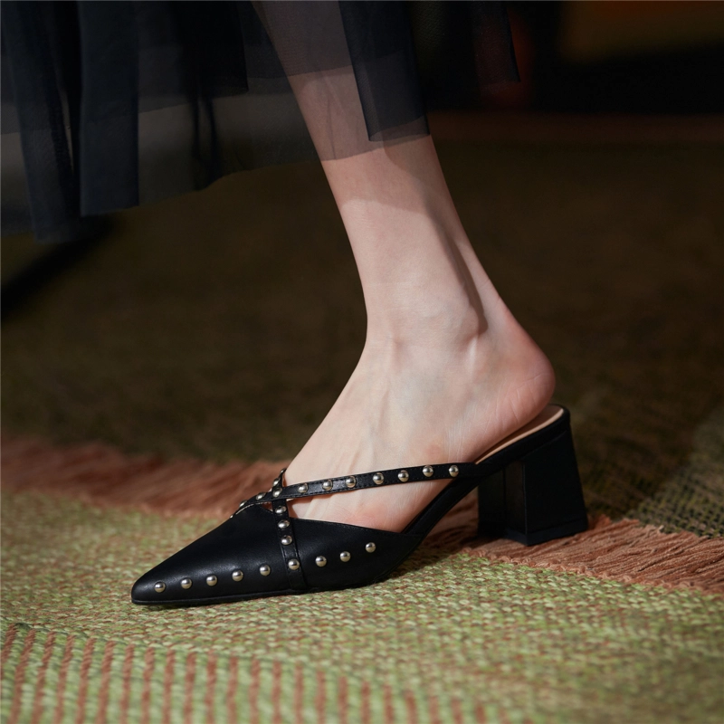 Fashion Rivets Slip On Mules Cross Strap Pointy Toe Mules With Block Heel 13 Fashion Rivets Slip On Mules Cross Strap Pointy Toe Mules With Block Heel - Image 11