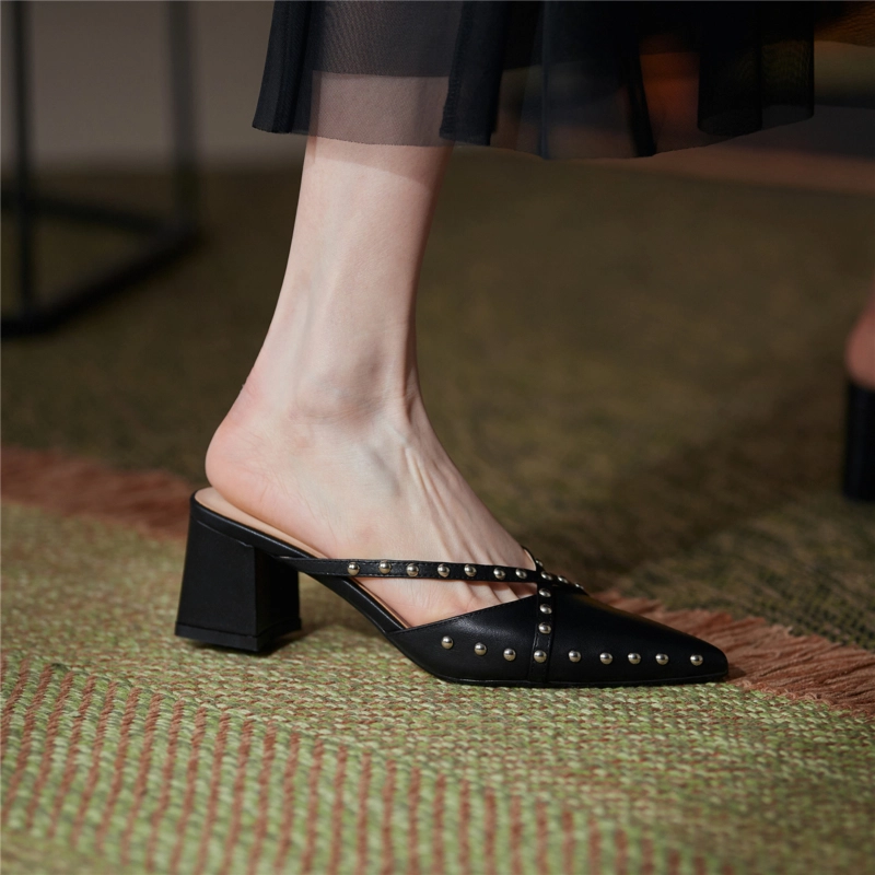 Fashion Rivets Slip On Mules Cross Strap Pointy Toe Mules With Block Heel 17 Fashion Rivets Slip On Mules Cross Strap Pointy Toe Mules With Block Heel - Image 15