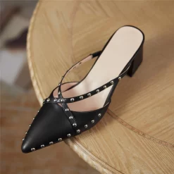 Fashion Rivets Slip On Mules Cross Strap Pointy Toe Mules With Block Heel 32 Fashion Rivets Slip On Mules Cross Strap Pointy Toe Mules With Block Heel -Ladies Fashion Shoes htk f57 1 4 1.jpg.mst