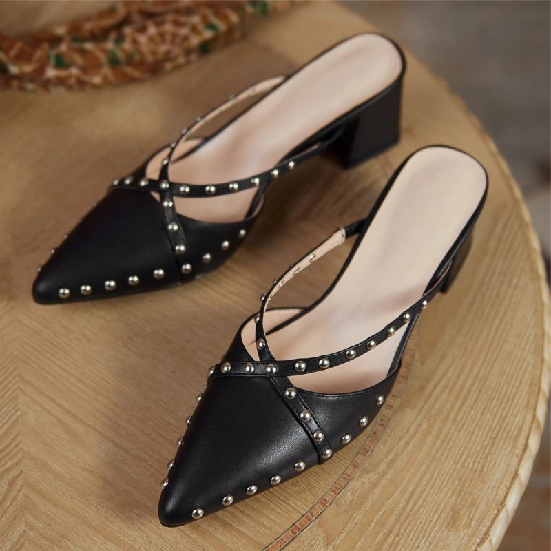 Fashion Rivets Slip On Mules Cross Strap Pointy Toe Mules With Block Heel 14 Fashion Rivets Slip On Mules Cross Strap Pointy Toe Mules With Block Heel - Image 12