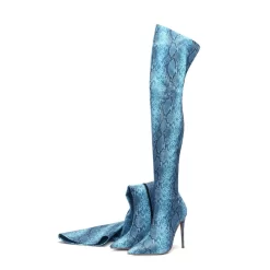 Blue Fashion Snake Embossed Pointed Toe Stilettos Over-the-knee Boots