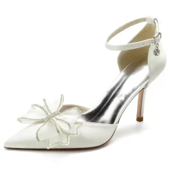 Champagne Satin Wedding Shoes Ankle Strap Pointed Toe Stiletto Pumps With Bow -Ladies Fashion Shoes ivory satin wedding shoes ankle strap pointed toe stiletto pumps with bow 8 1.jpg.mst