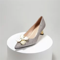 Pointed Toe Metal Low Heel Pearls Flower Buckle Bridal Shoes -Ladies Fashion Shoes jd f123 3 silver.jpg.mst