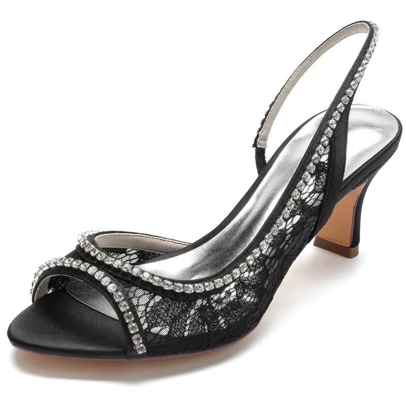 Jeweled Lace Slingback Heels Hollow Out Peep Toe Block Heeled Sandals - Image 4