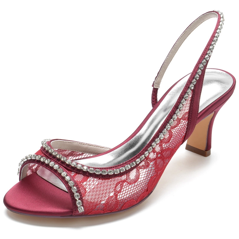 Jeweled Lace Slingback Heels Hollow Out Peep Toe Block Heeled Sandals - Image 3