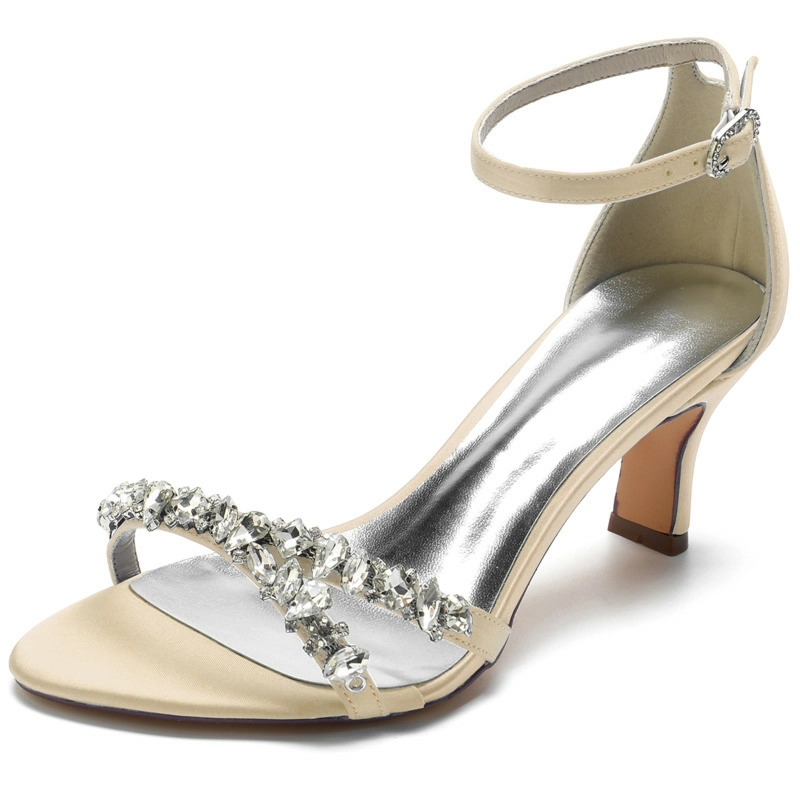 Jewelled Strap Ankle Strap Sandals Middle Heels Satin Wedding Shoes - Image 3