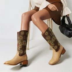 Khaki Heeled Cowboy Boots Flower Embroidery Western Wide Calf Booties -Ladies Fashion Shoes khaki heeled cowboy boots flower embroidery western wide calf booties 7 .jpg.mst
