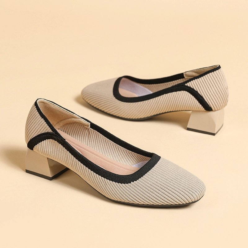 Knit Line Square Toe Block Heel Pumps For Women - Image 12