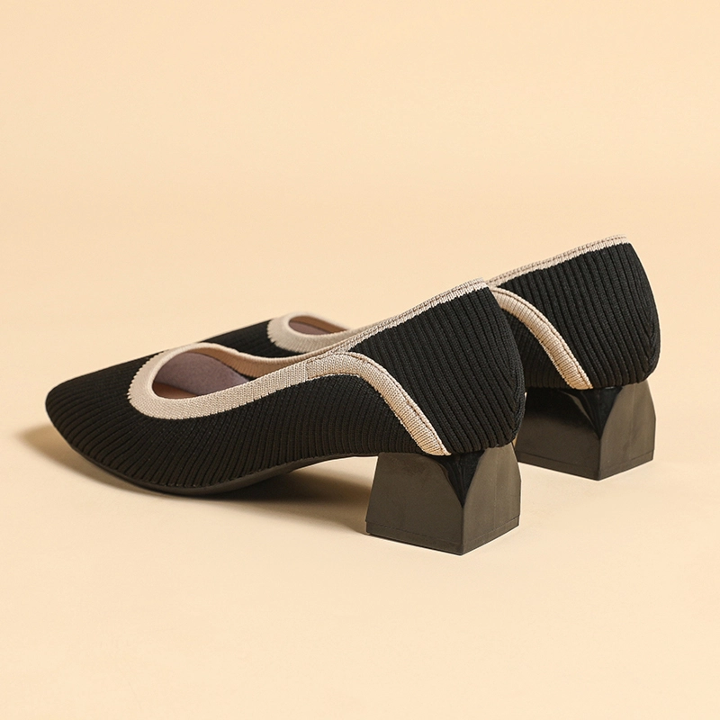 Knit Line Square Toe Block Heel Pumps For Women - Image 3