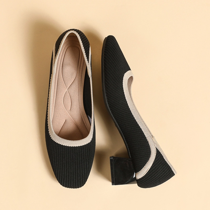 Knit Line Square Toe Block Heel Pumps For Women - Image 5