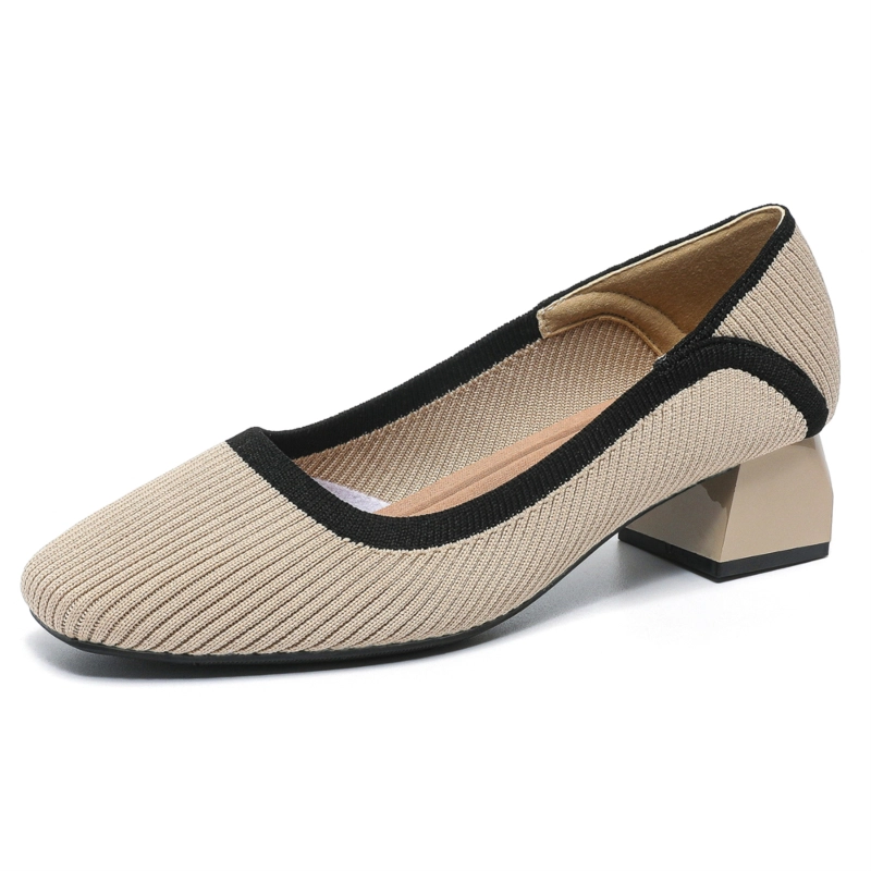 Knit Line Square Toe Block Heel Pumps For Women - Image 9