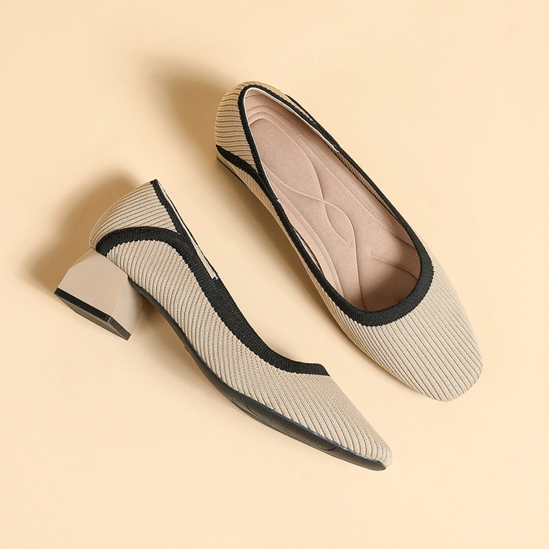 Knit Line Square Toe Block Heel Pumps For Women - Image 10