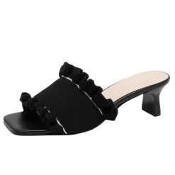 Knit Ruffle Open Toe Mule Heel Sandals