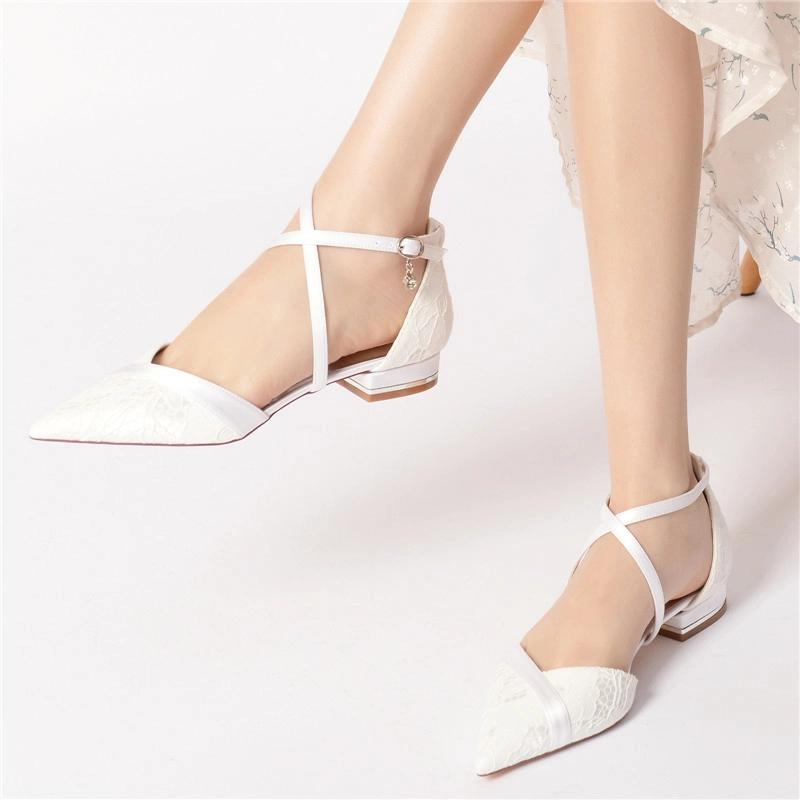 Lace Flat Pumps Criss Cross Strap Pointed Toe Flats For Wedding - Image 8