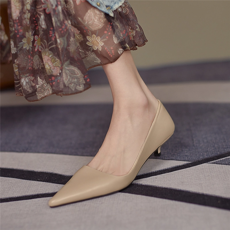 Leather Kitten Heels Office Pumps Spring Pointed Toe Work Shoes - Image 11