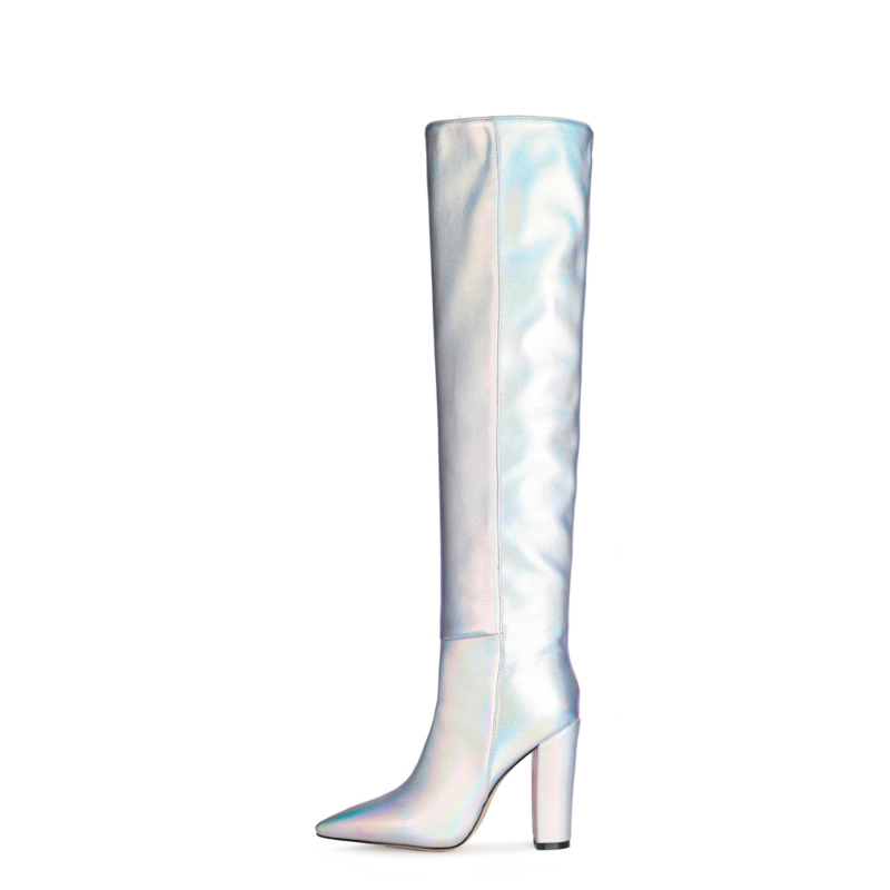 Spring Metallic Scrunch Boots Knee High Stretch Boots With Block Heels - Image 6