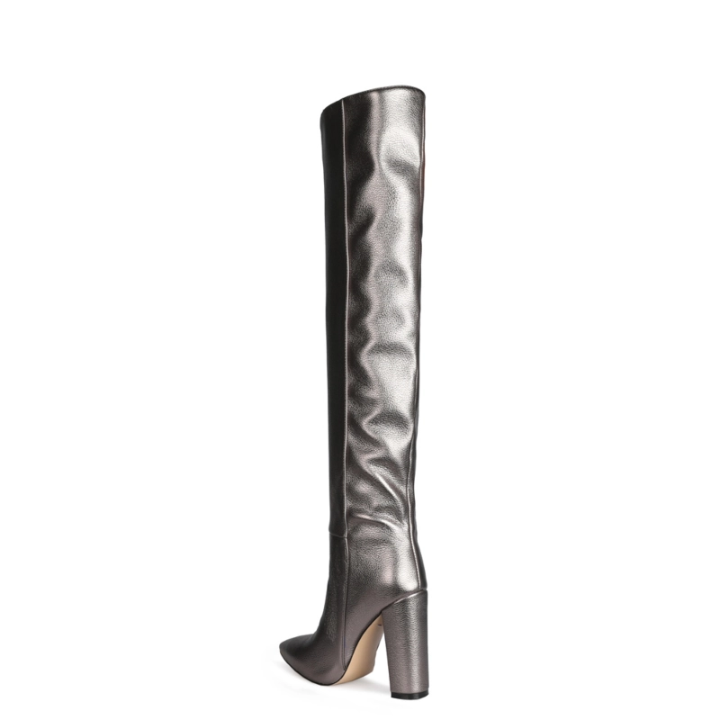 Spring Metallic Scrunch Boots Knee High Stretch Boots With Block Heels - Image 18