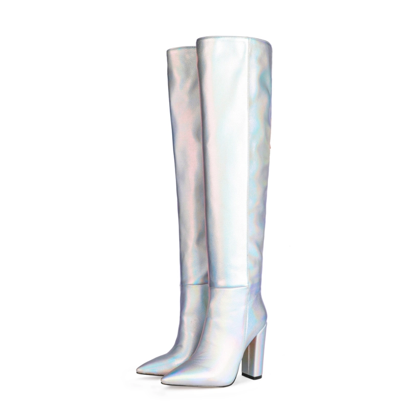 Spring Metallic Scrunch Boots Knee High Stretch Boots With Block Heels - Image 9