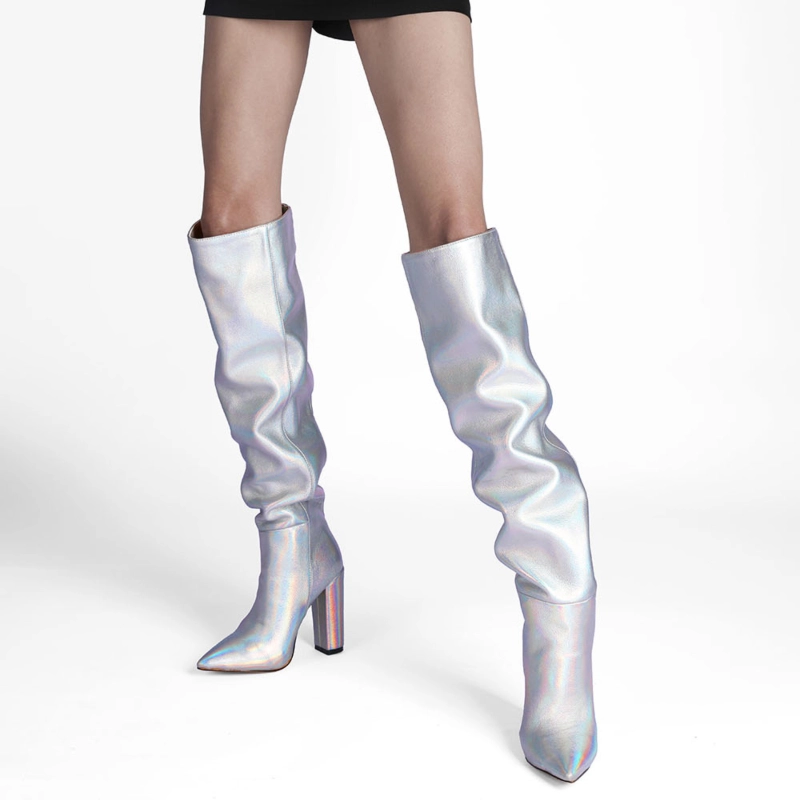 Spring Metallic Scrunch Boots Knee High Stretch Boots With Block Heels - Image 3