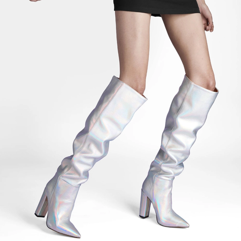 Spring Metallic Scrunch Boots Knee High Stretch Boots With Block Heels - Image 4