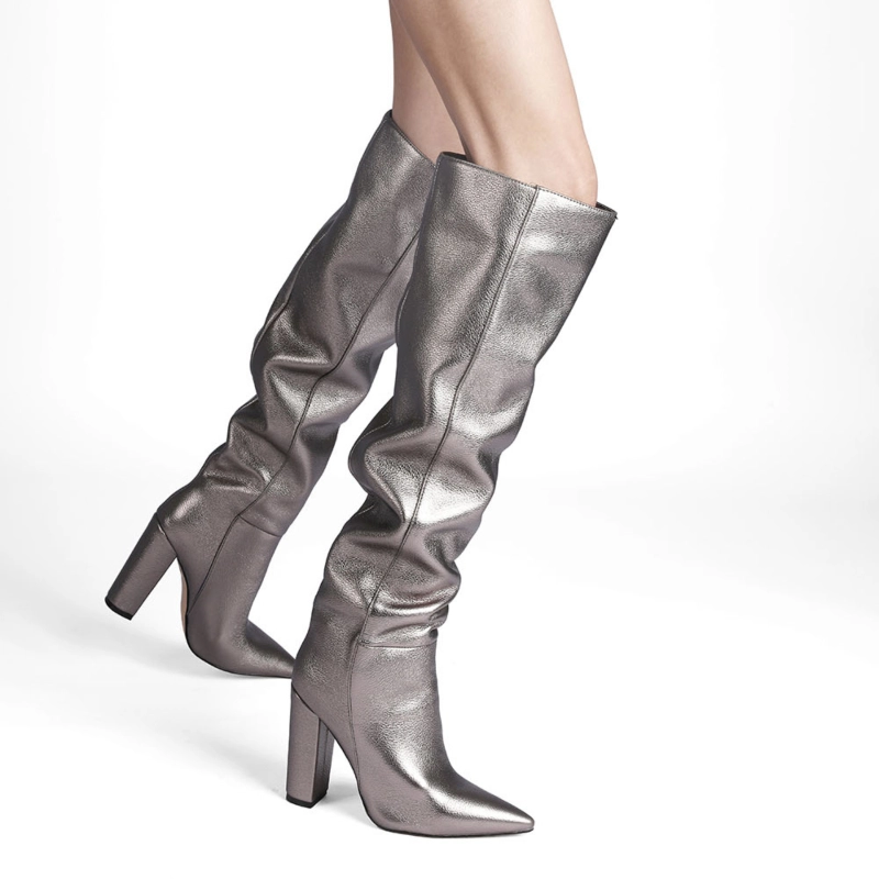 Spring Metallic Scrunch Boots Knee High Stretch Boots With Block Heels - Image 13