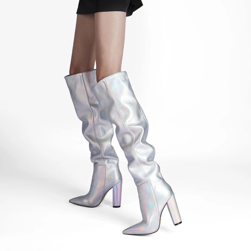 Spring Metallic Scrunch Boots Knee High Stretch Boots With Block Heels - Image 5