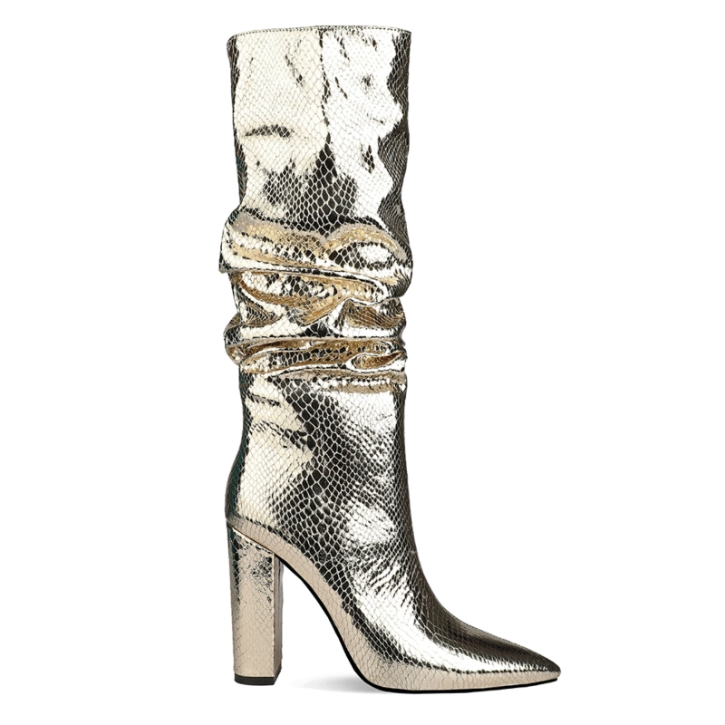Metallic Snake Effect Slouchy Pointy Toe Knee High Boots - Image 9