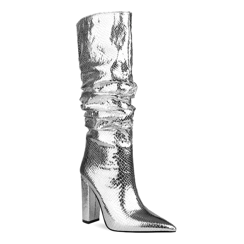 Metallic Snake Effect Slouchy Pointy Toe Knee High Boots - Image 2