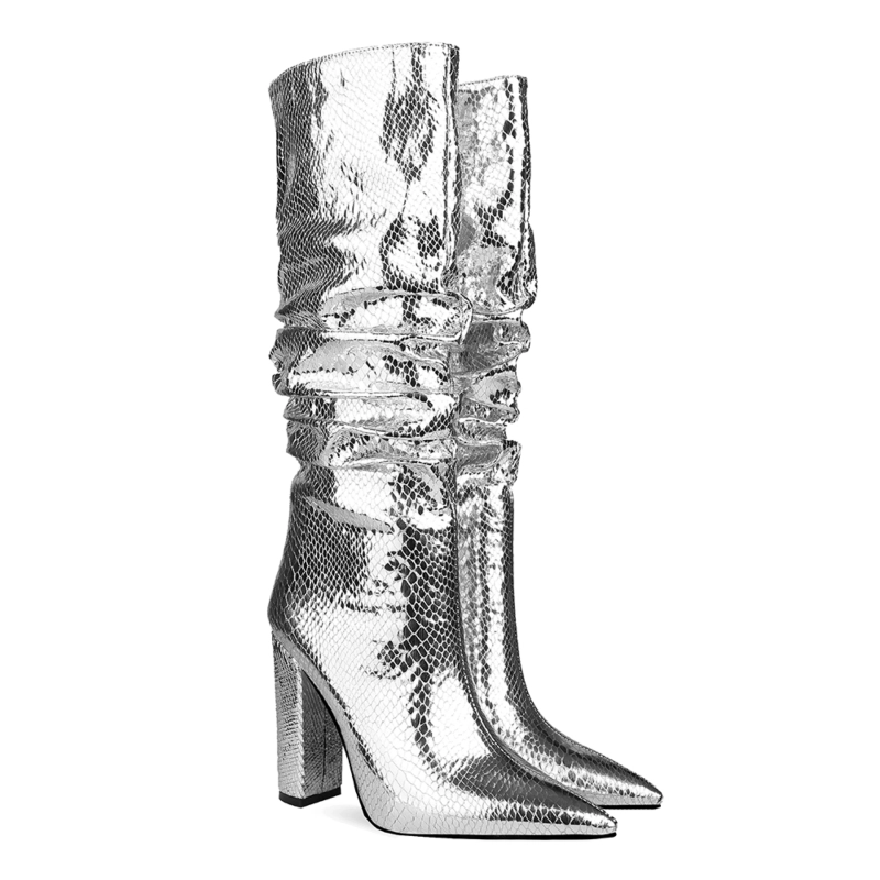 Metallic Snake Effect Slouchy Pointy Toe Knee High Boots