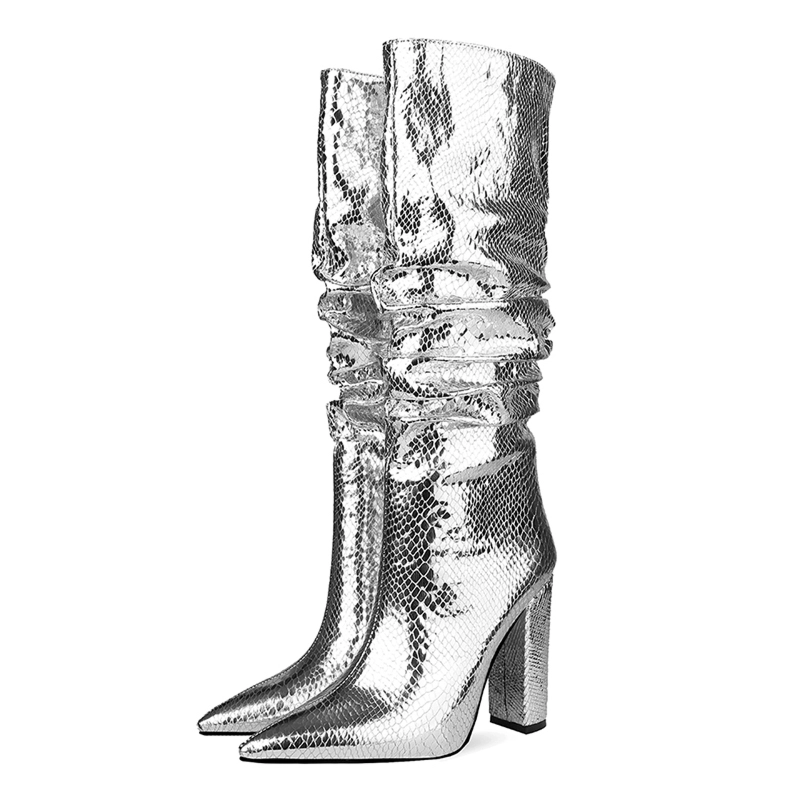 Metallic Snake Effect Slouchy Pointy Toe Knee High Boots - Image 7