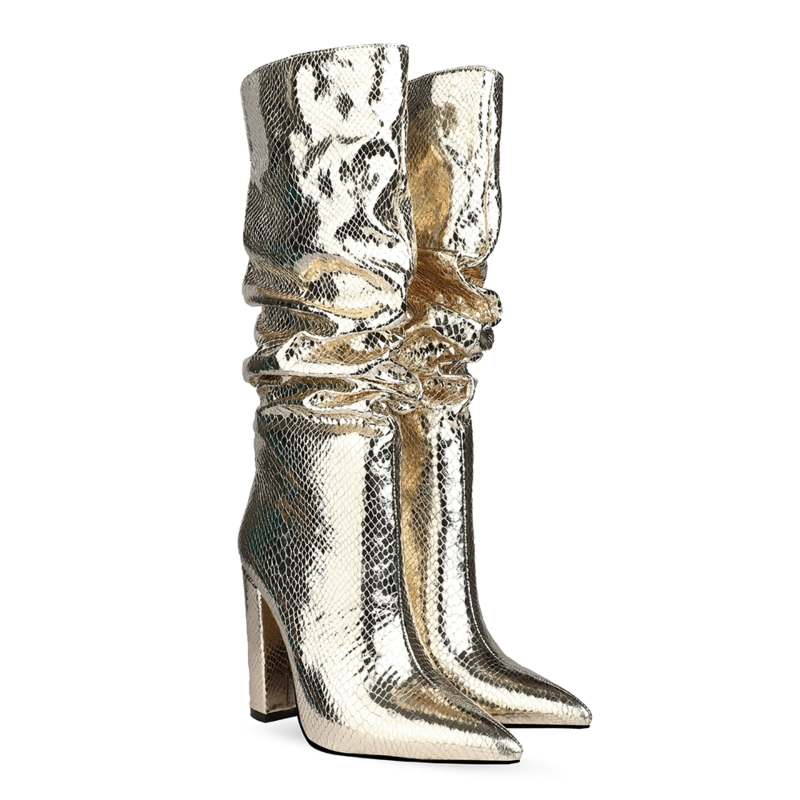 Metallic Snake Effect Slouchy Pointy Toe Knee High Boots - Image 8
