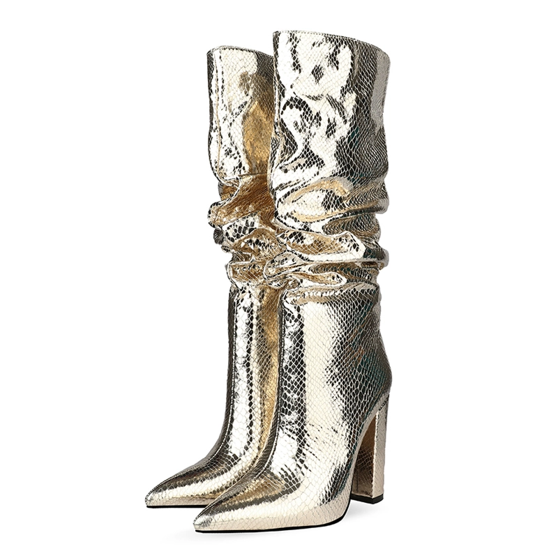 Metallic Snake Effect Slouchy Pointy Toe Knee High Boots - Image 14