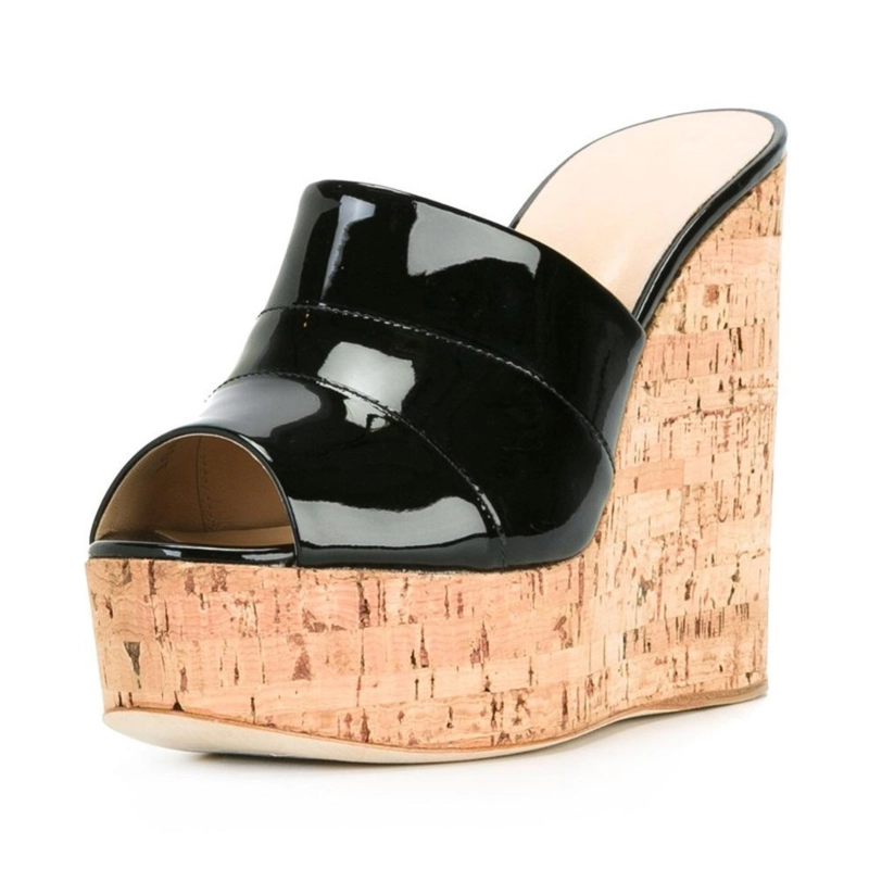 Metallic Women's Slide Sandals With Wooden Wedge Heels 5 Metallic Women's Slide Sandals With Wooden Wedge Heels - Image 3