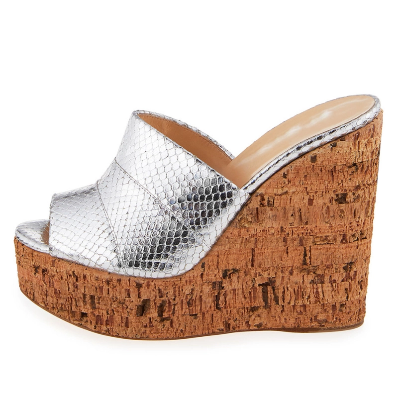 Metallic Women's Slide Sandals With Wooden Wedge Heels 9 Metallic Women's Slide Sandals With Wooden Wedge Heels - Image 7