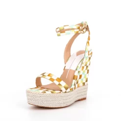Women's Plaid Printed Open Wedge Heels Platform Ankle Strap Sandals