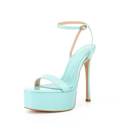 Cyan Patent Leather Platform Heel Stilettos Ankle Strap Heel Sandals